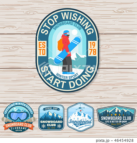 Set of Snowboard Club patches. Vector. Concept for patch, shirt, print, stamp or tee. Vintage Set of Snowboard Club patches. Vector. Concept for patch, shirt, print, stamp or tee. Vintage 46454928