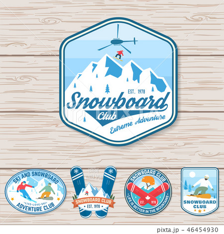 Set of Snowboard Club patches. Vector. Concept for patch, shirt, print, stamp or tee. Vintage Set of Snowboard Club patches. Vector. Concept for patch, shirt, print, stamp or tee. Vintage 46454930