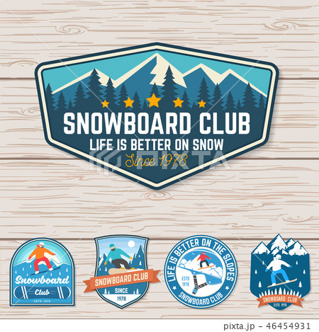 Set of Snowboard Club patches. Vector. Concept for patch, shirt, print, stamp or tee. Vintage Set of Snowboard Club patches. Vector. Concept for patch, shirt, print, stamp or tee. Vintage 46454931