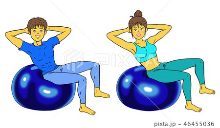 バランスボールで腹筋をするインストラクターの男女ペアのイラスト素材