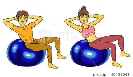 バランスボールで腹筋をするインストラクターの男女ペアのイラスト素材