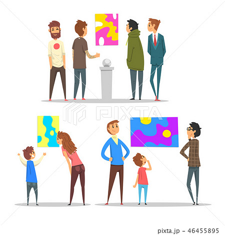 People looking at abstract paintings hanging on the wall, visitors of modern art gallery vector 46455895
