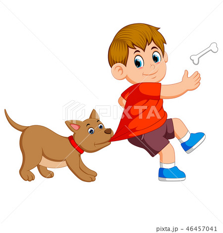 a dog is beating his owner's cloth for taking bone 46457041