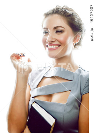 young pretty businesswoman posing emotional on white background, 46457607