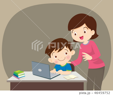 boy and mother sitting with laptop boy and mother sitting with laptop 46459752