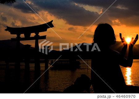 夕陽と親子のシルエット 夕陽と親子のシルエット 46460970