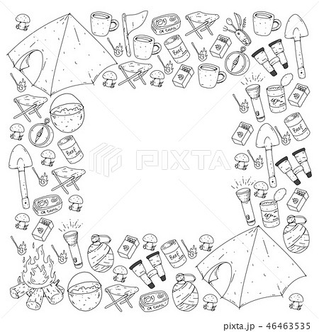 Camping, hiking, scouts. Vector set of doodle icons. Adventure at forest and nature with compass 46463535
