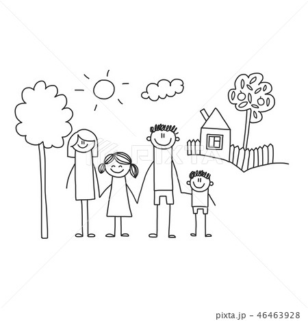 Happy family with children. Kids drawing style vector illustration. Mother, father, sister, brother. 46463928
