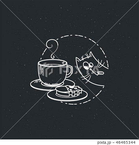Vector card with cute cat with cup and a sandwich. 46465344
