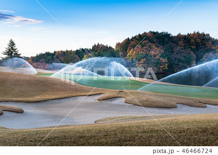 福島のゴルフ場で早朝に芝生への散水とバンカー 福島のゴルフ場で早朝に芝生への散水とバンカー 46466724