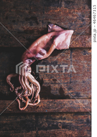 Seafood squid calamary. Fresh raw whole squid with tentacles on rustik background. Top view Seafood squid calamary. Fresh raw whole squid with tentacles on rustik background. Top view 46467315