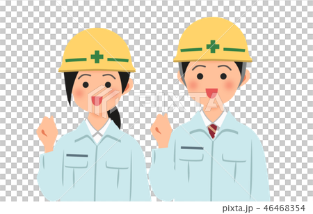 Man and woman wearing helmets and working clothes posing guts Man and woman wearing helmets and working clothes posing guts 46468354