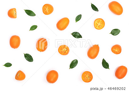 Cumquat or kumquat with half isolated on white background. Top view. Flat lay pattern 46469202