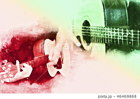 Playing Guitar in the foreground, Watercolor paint 46469868