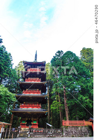 新緑の日光東照宮 五重塔 朝風景 世界遺産 栃木県日光市 の写真素材