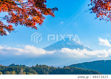 Beautiful landscape of mountain fuji with maple leaf tree around lake 46471625