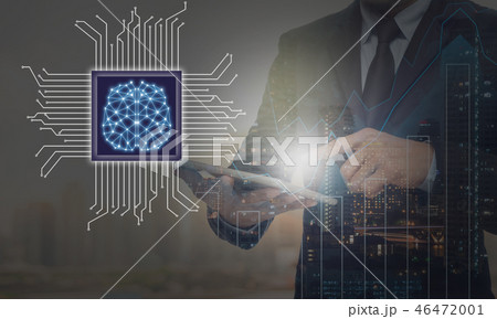 Double exposure of businessman using the tablet for create the Artificial intelligence of brain technology over cityscape and financial graph on blurred building background, AI and technology business trading concept 46472001