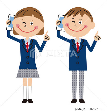 ポップな学生服の男女　携帯電話で通話しながら指差し 46474608