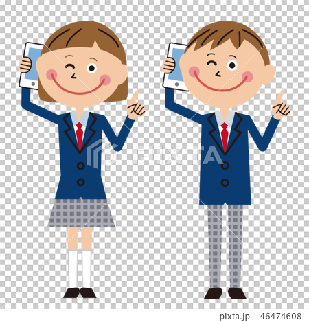 ポップな学生服の男女　携帯電話で通話しながら指差し 46474608