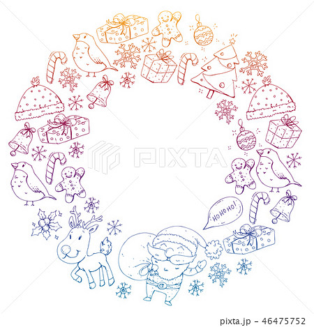 Winter Christmas vector pattern. Icons of Santa, snowman, deer, bell, Christmas tree. Merry 46475752
