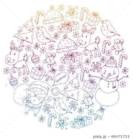 Winter Christmas vector pattern. Icons of Santa, snowman, deer, bell, Christmas tree. Merry 46475753