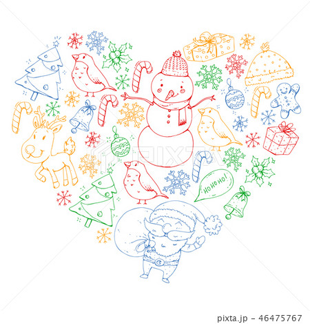 Winter Christmas vector pattern. Icons of Santa, snowman, deer, bell, Christmas tree. Merry Winter Christmas vector pattern. Icons of Santa, snowman, deer, bell, Christmas tree. Merry 46475767