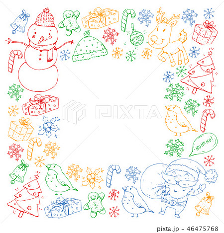 Winter Christmas vector pattern. Icons of Santa, snowman, deer, bell, Christmas tree. Merry Winter Christmas vector pattern. Icons of Santa, snowman, deer, bell, Christmas tree. Merry 46475768