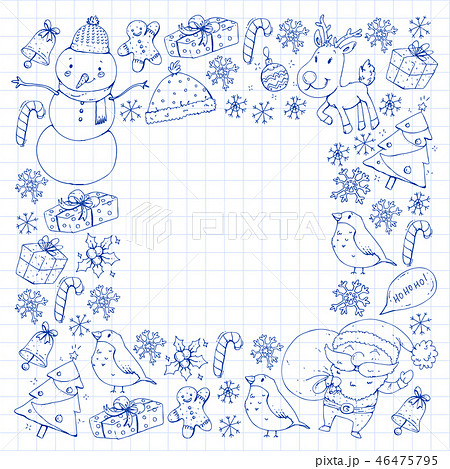 Winter Christmas vector pattern. Icons of Santa, snowman, deer, bell, Christmas tree. Merry Winter Christmas vector pattern. Icons of Santa, snowman, deer, bell, Christmas tree. Merry 46475795