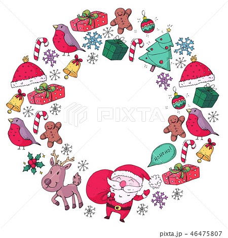 Winter Christmas vector pattern. Icons of Santa, snowman, deer, bell, Christmas tree. Merry 46475807