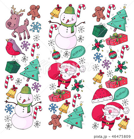 Winter Christmas vector pattern. Icons of Santa, snowman, deer, bell, Christmas tree. Merry Winter Christmas vector pattern. Icons of Santa, snowman, deer, bell, Christmas tree. Merry 46475809