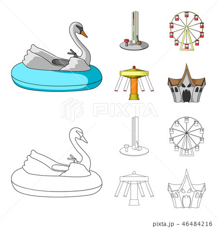 The device with a bat for measuring strength, a ferris wheel, a carousel, a house with windows The device with a bat for measuring strength, a ferris wheel, a carousel, a house with windows 46484216
