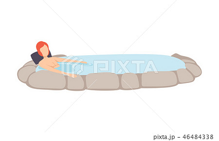 Young man enjoying outdoor thermal spring, guy relaxing in hot water in bath tub vector Illustration 46484338