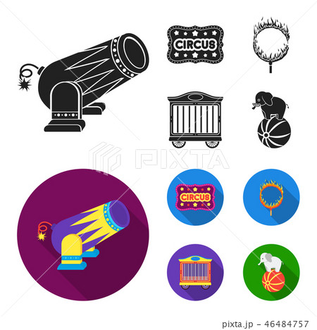 Circus trailer, circus gun, burning hoop, signboard.Circus set collection icons in black, flat style 46484757