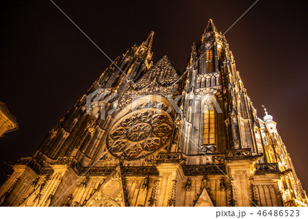 Front view of St. Vitus cathedral in Prague Castle by night, Prague, Czech Republic Front view of St. Vitus cathedral in Prague Castle by night, Prague, Czech Republic 46486523