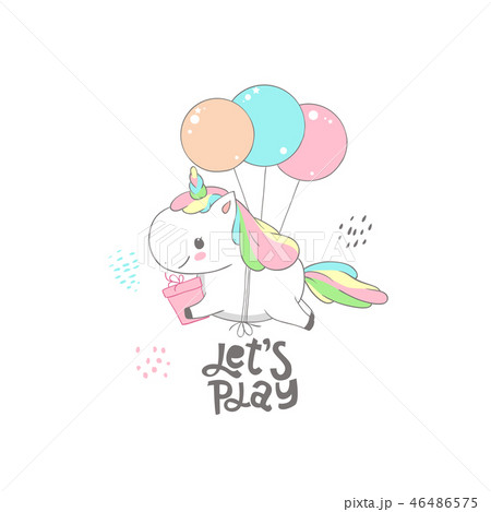 Cute Baby Unicorn Fly on Balloon Dream Card Design. Magic Fantasy Pony Character Holding Gift Box 46486575