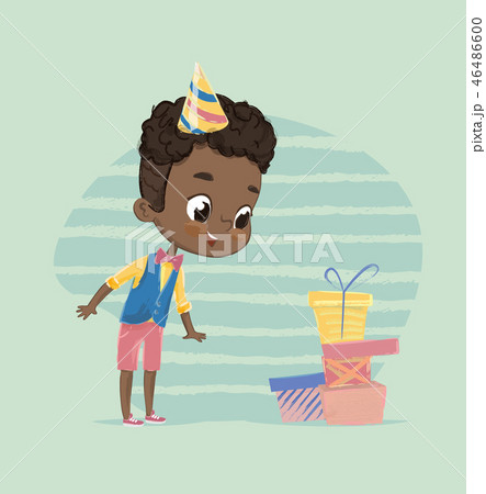 Happy African American Child Boy Excited to Birthday Gift Box. Cute Kid Character Unwrap Christmas Happy African American Child Boy Excited to Birthday Gift Box. Cute Kid Character Unwrap Christmas 46486600
