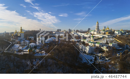 Aerial view of Lavra monastery in Kiev, Ukraine from drone , sunset view , cloudy sky , beautiful 46487744