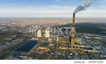 Garbage incineration plant. Waste incinerator plant with smoking smokestack. The problem of 46487800