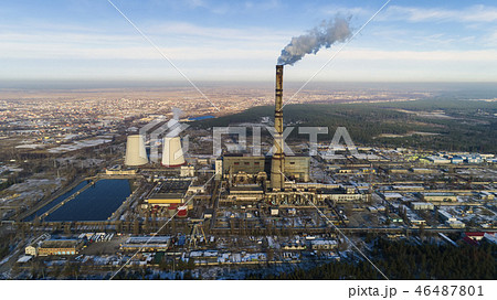 Garbage incineration plant. Waste incinerator plant with smoking smokestack. The problem of 46487801