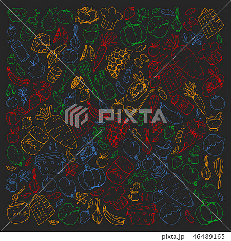 Kitchen and cooking seamless pattern. Icons of food and drinks. Blackboard chalk image 46489165