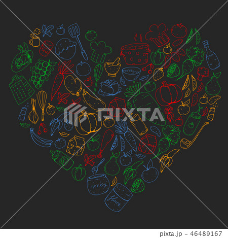 Kitchen and cooking seamless pattern. Icons of food and drinks. Blackboard chalk image 46489167