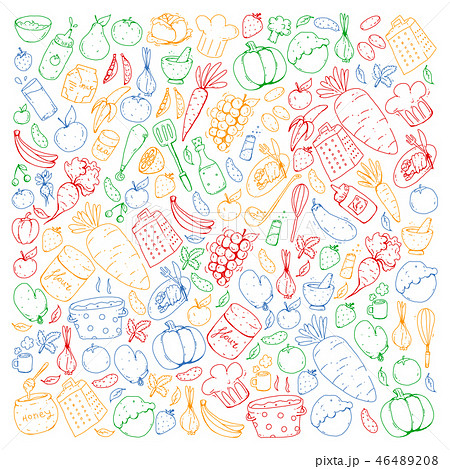 Kitchen and cooking seamless pattern. Icons of food and drinks. Colorful images 46489208