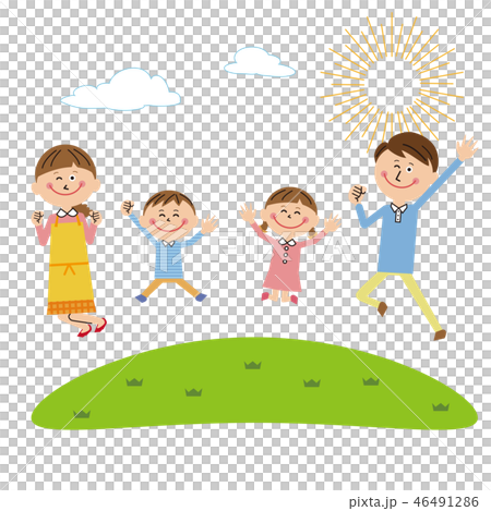 Pop family jumping with everyone fine weather background Pop family jumping with everyone fine weather background 46491286