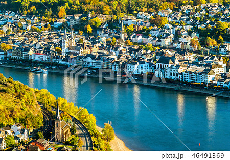 Aerial view of Filsen and Boppard towns with the Rhine in Germany 46491369