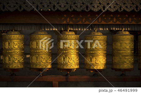 Rotating buddhist prayer wheels symbol of buddhism 46491999