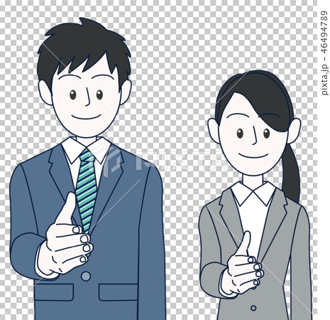 握手を求める若い男性と女性ビジネスマン上半身のイラスト素材