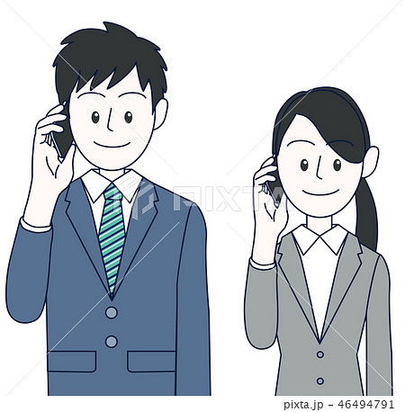 スマホで電話をかける若い男性と女性ビジネスマン上半身のイラスト素材