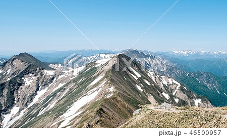 春の谷川岳登山 天神尾根ルートより俎嵓 オジカ沢の頭 万太郎山 苗場山を望む の写真素材