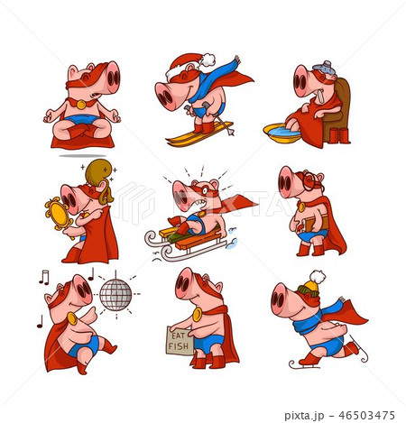 Vector set of pig dressed in superhero costume in different actions. Humanized animal. Funny cartoon Vector set of pig dressed in superhero costume in different actions. Humanized animal. Funny cartoon 46503475