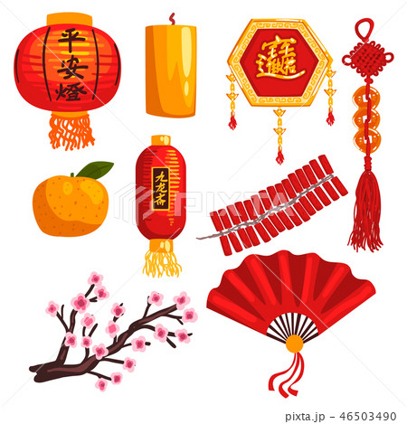 Collection of Chinese New Year decoration elements, lantern, coins, candle, firecrackers, fan Collection of Chinese New Year decoration elements, lantern, coins, candle, firecrackers, fan 46503490
